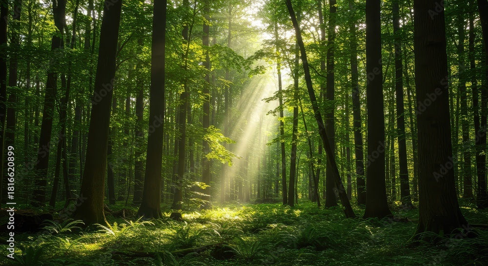 Obraz premium Dense temperate forest landscape with bright sunlight filtering through the canopy, illuminating the lush green undergrowth below ,jungle ,dense ,summer