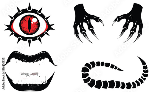Monster anatomy icon set, red eye, sharp claws, scary mouth, segmented tail, horror creature parts, fantasy design, silhouette, graphic, dark