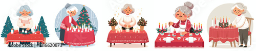 Grandma sets the Christmas dining table with small candles. Vektor, design, minimalist, illustrations, set icon