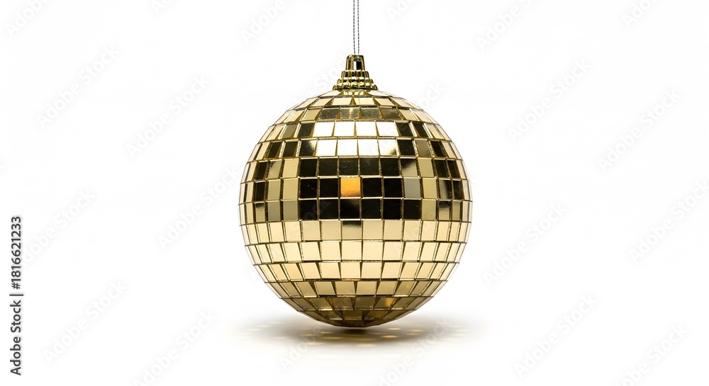 Fototapeta premium A golden disco ball illuminated and suspended, showcasing its reflective surface 