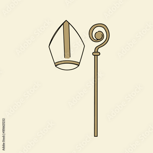 A simple illustration of a bishop's mitre and crozier, religious symbols.