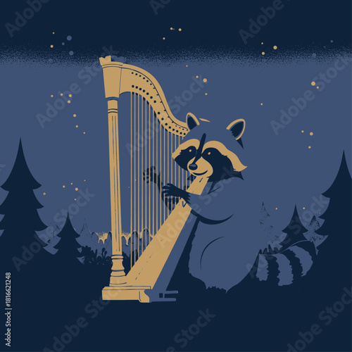 A whimsical illustration of a raccoon playing a golden harp under a starry night sky in a forest setting.