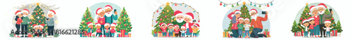Grandparents take photos with their grandchildren in front of the Christmas tree. Vektor, design, minimalist, illustrations, set icon