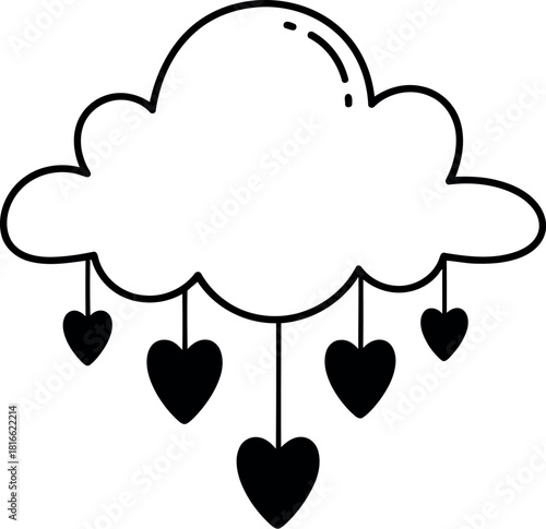 Whimsical hand drawn cloud with dangling hearts illustration