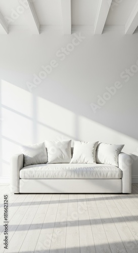 Elegant white fabric sofa placed centrally in a bright, sunlit minimalist interior space, emphasizing comfort and contemporary style ,comfortable ,chic ,light