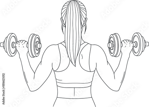 Woman s back view lifting dumbbells for strength training workout
