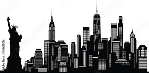 New York skyline silhouette, Statue of Liberty, Empire State Building, One World Trade Center, cityscape, architecture, urban, landmark, USA, tourism