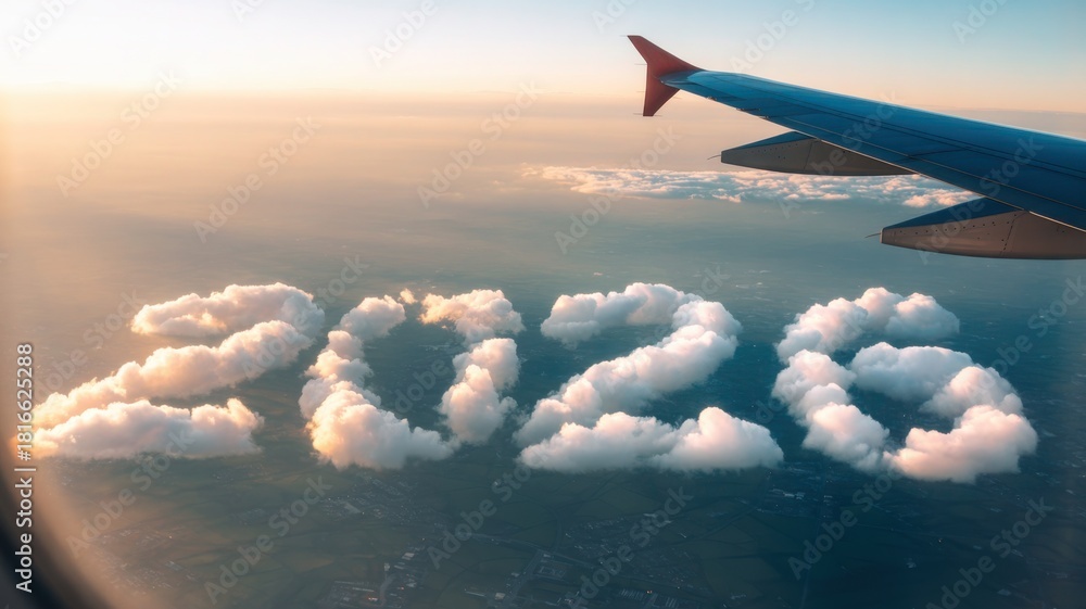 Fototapeta premium Airplane wing flying above cloud formation 2026