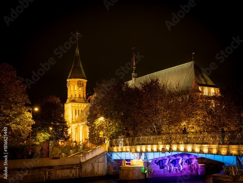 Tableau sur toile The Kaliningrad embankment at night with illumination and bridge