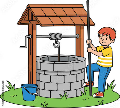 Traditional water well illustration, cartoon style, rural life, stone well, crank handle, bucket, grass, child, drawing water, outdoor scene