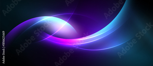 Abstract flowing lines, vibrant purple, blue hues. Bright glow emanates from center, dark background creates contrast. Smooth gradients present.