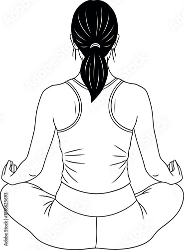 Woman in lotus pose meditating with back view and braided hair
