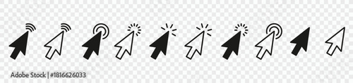Computer Mouse Pointer Icons Set on Transparent Background. Web Click Arrow Pointer Line and Silhouette Icon. Collection of Black Computer Cursor. Isolated Vector Illustration.