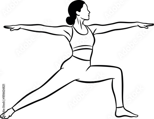 Woman practicing warrior ii yoga pose in a simple line drawing illustration