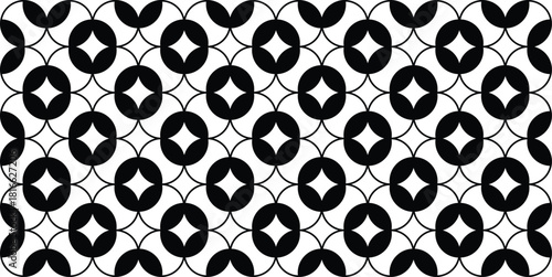 Monochrome Geometric Circles and Diamond Shapes Decorative Seamless Pattern.