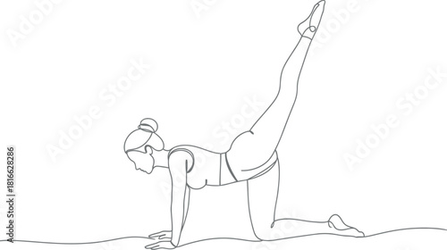 Line drawing of a woman in a yoga pose with one leg extended upwards