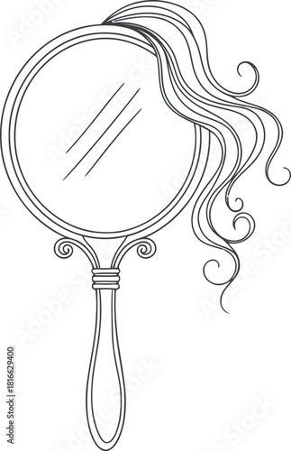 Ornate handheld mirror reflecting elegant wavy hair and a delicate floral design