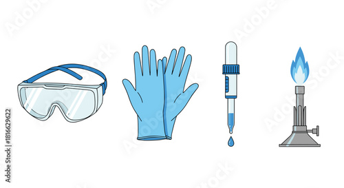 Laboratory safety equipment including goggles gloves pipette and burner, Generative AI.