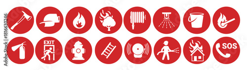 fire emergency icons set white on a red background