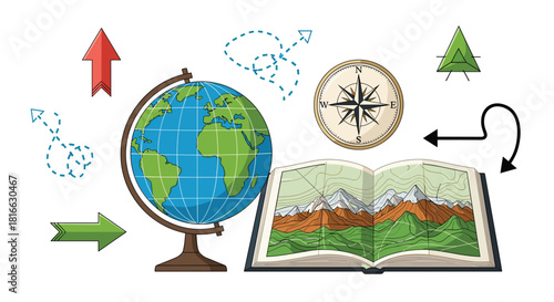 Education and Travel Concept with Globe Book Compass and Arrows, Generative AI.