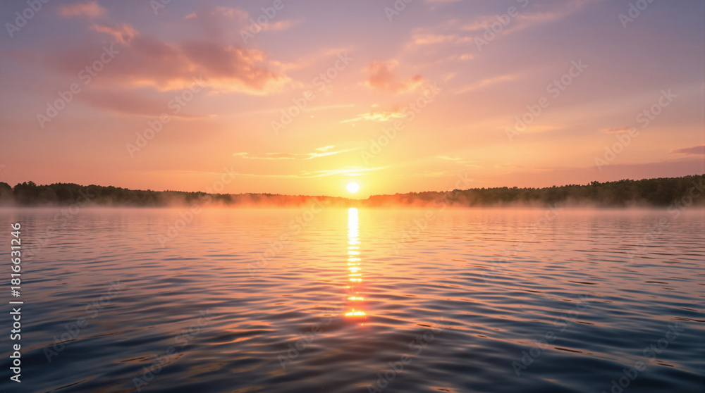 Naklejka premium Stunning lake sunrise with golden light reflecting on calm water creating a peaceful atmosphere
