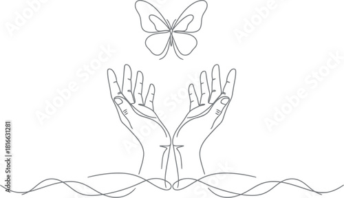 Delicate line art depicting open hands releasing a butterfly above a cross