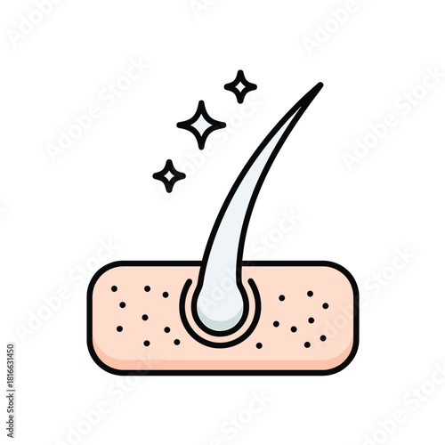 Close up of a single hair strand emerging from skin with sparkles follicle dermatology