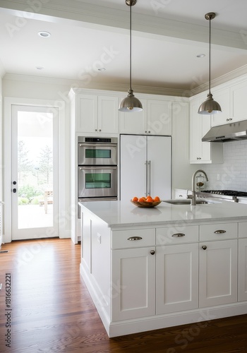 A spacious, bright, and contemporary residential kitchen interior featuring stainless steel appliances, white cabinets, and a large central island countertop ,preparing ,spacious ,furniture