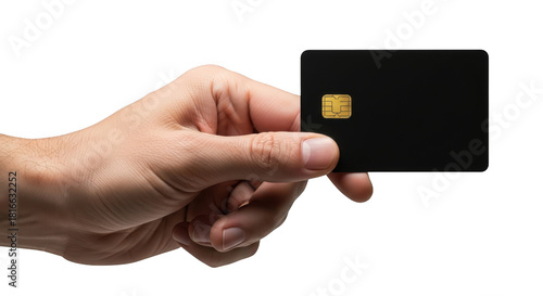 Hand holding a black credit card with a chip isolated on transparent background