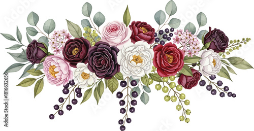 Elegant watercolor floral arrangement with burgundy, pink, and white roses, peonies, eucalyptus leaves, and berries, perfect for wedding invitations and decorative designs.