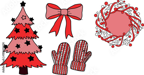 Cheerful Holiday Illustration Featuring a Christmas Tree Festive Wreath Mittens and a Decorative Bow for Seasonal Celebrations and Joyful Designs