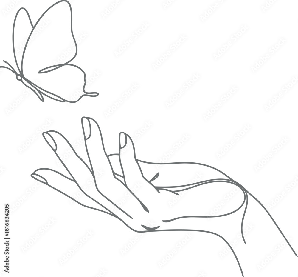 Fototapeta premium Delicate butterfly lands gently on an outstretched hand in minimalist sketch