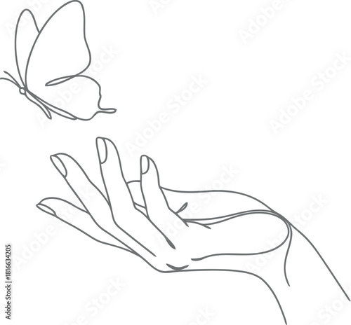 Delicate butterfly lands gently on an outstretched hand in minimalist sketch