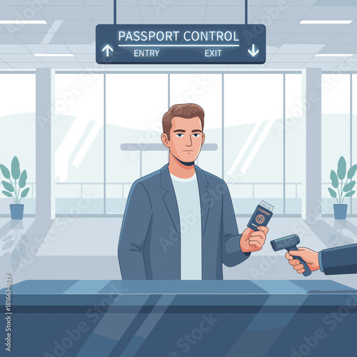 White man showing passport at customs desk in airport, cartoon style