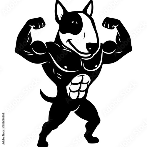 Bull terrier flexing strong muscular dog silhouette vector mascot for gym branding