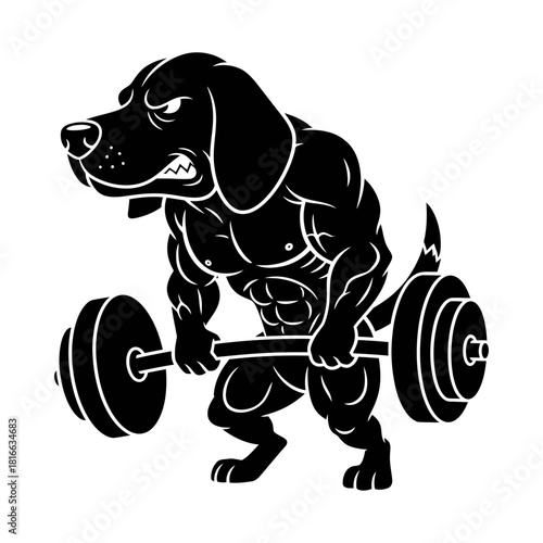 Fierce hound dog deadlifting heavy barbell muscular silhouette vector gym fitness mascot