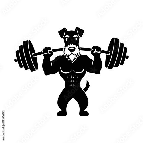 Bearded terrier dog lifting heavy barbell silhouette vector muscular gym fitness mascot art