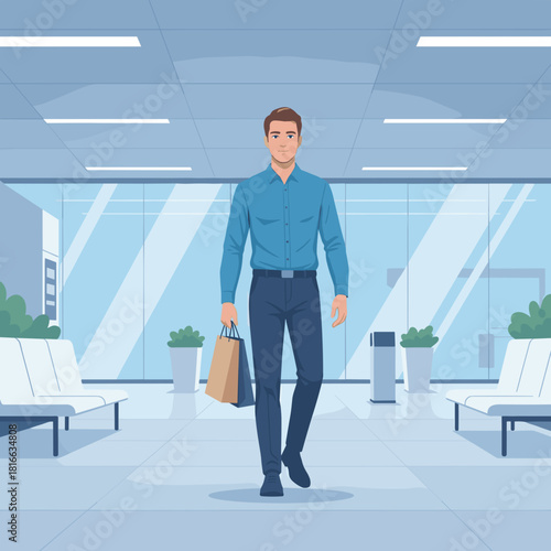 White man arriving at airport terminal with shopping bag, cartoon style