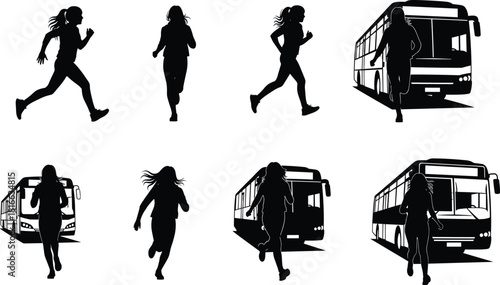 Bus approach silhouette, commuter motion, walking and running figures, public transport urgency, black vector scene, cad drawing