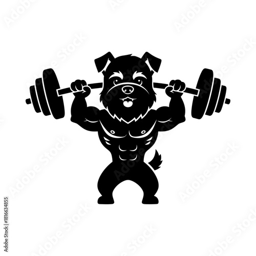 Cute terrier dog lifting heavy barbell muscular silhouette vector gym fitness strong mascot art