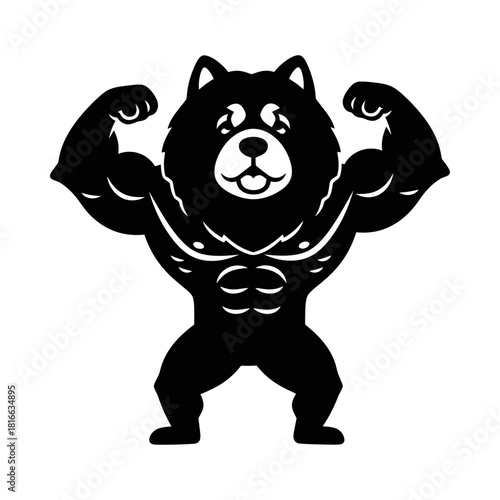 Fluffy bear-like dog flexing strong muscular physique silhouette vector gym mascot illustration
