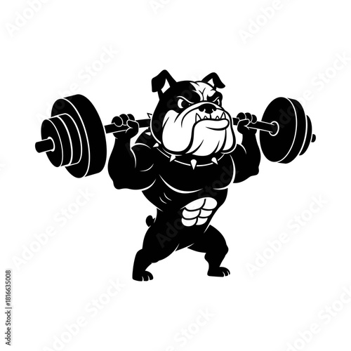 Strong bulldog weightlifter mascot flexing muscles in bold gym silhouette vector illustration