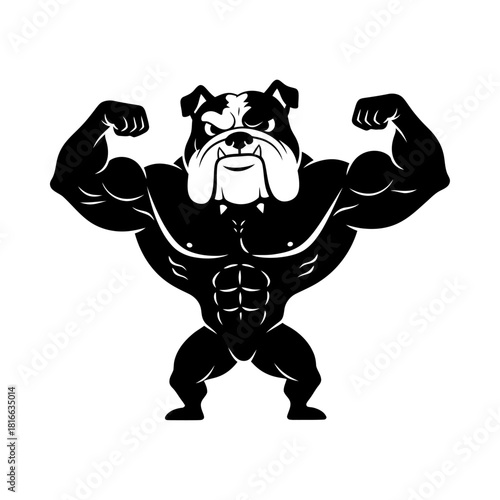 Aggressive bulldog flexing arms in powerful bodybuilding mascot silhouette vector artwork