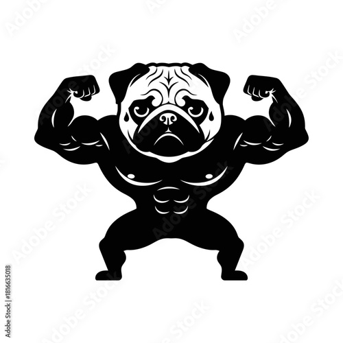 Pug dog flexing muscular tough physique silhouette vector strong gym mascot bodybuilding illustration