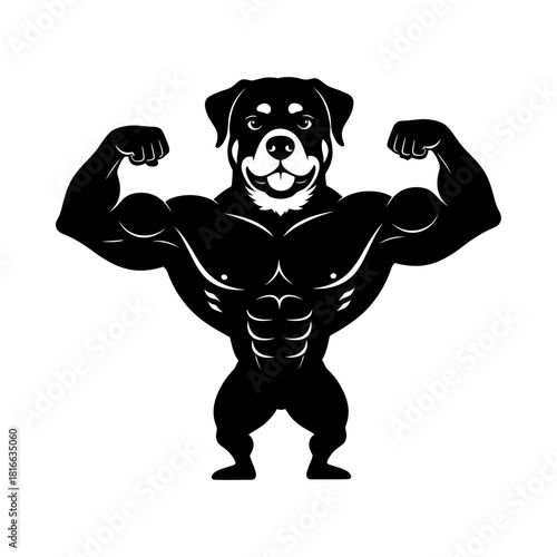 Rottweiler flexing muscles as powerful gym mascot in bold strong silhouette vector art