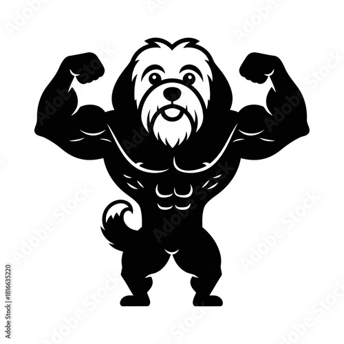 Shih tzu dog flexing strong muscular body cute gym workout mascot silhouette vector illustration