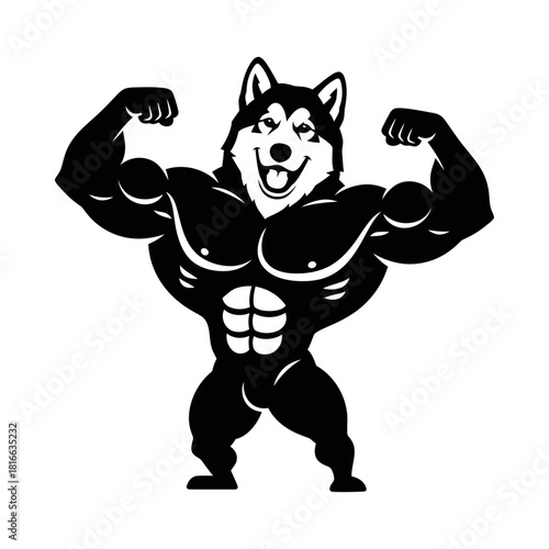 Husky dog flexing muscular body strong athletic gym mascot silhouette vector workout illustration