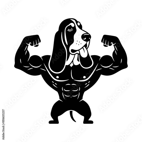 Basset hound dog flexing muscular physique tough gym workout mascot silhouette vector illustration