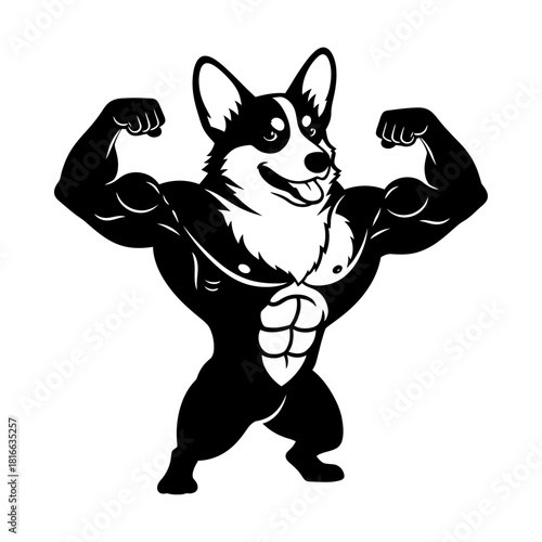 Corgi dog flexing strong muscular physique athletic gym workout mascot silhouette vector artwork