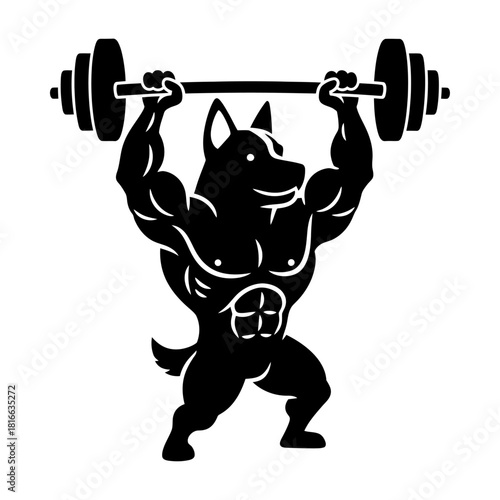 Dog lifting heavy barbell overhead strong muscular athletic gym mascot silhouette vector illustration